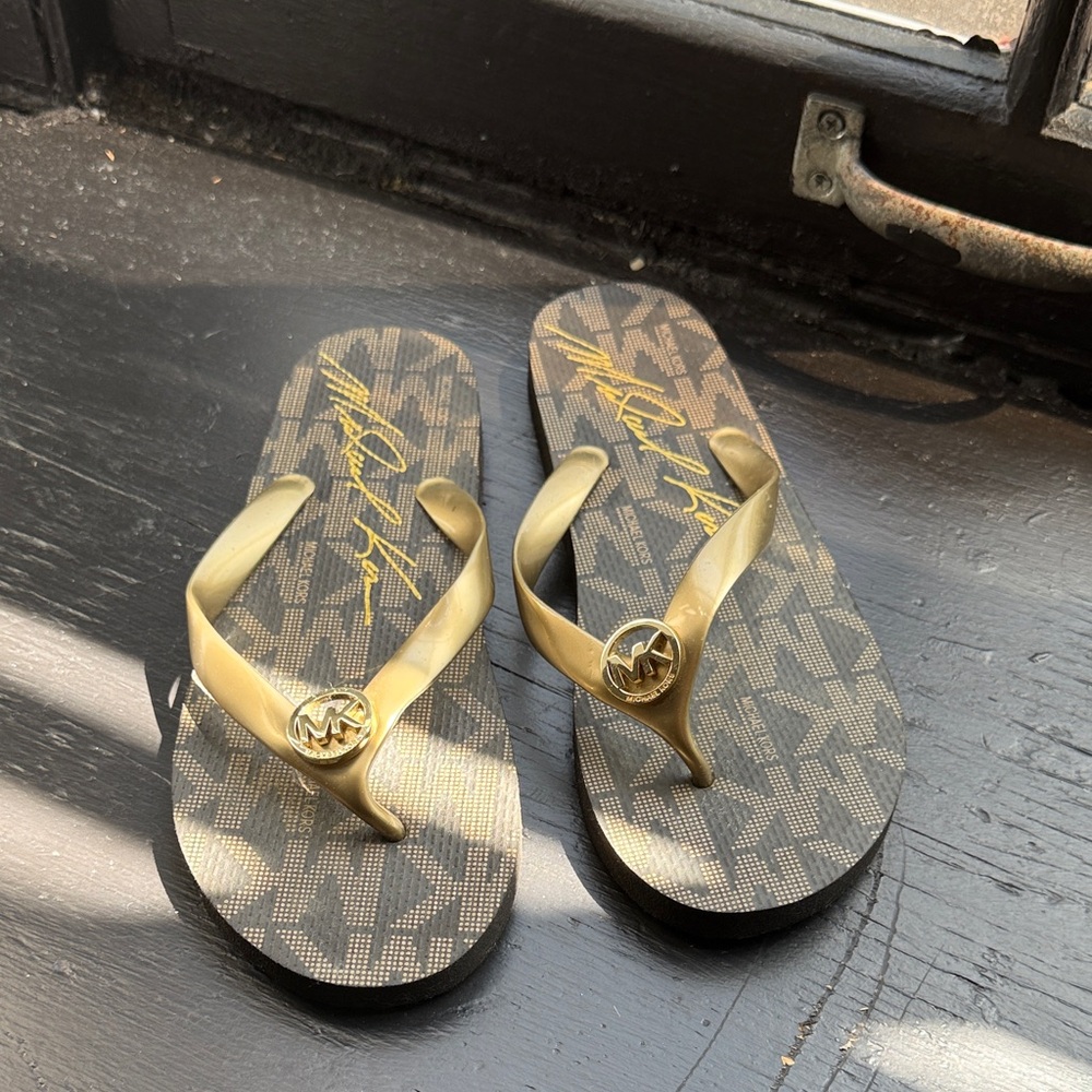 Michael Kors Gold and Brown Logo Flip Flops